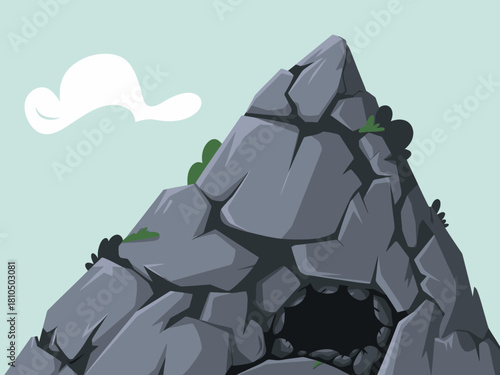 A stunning illustration of a mountain peak with a hidden cave and cloud overhead, capturing the essence of adventure, nature, and exploration with its rugged landscape and serene sky.