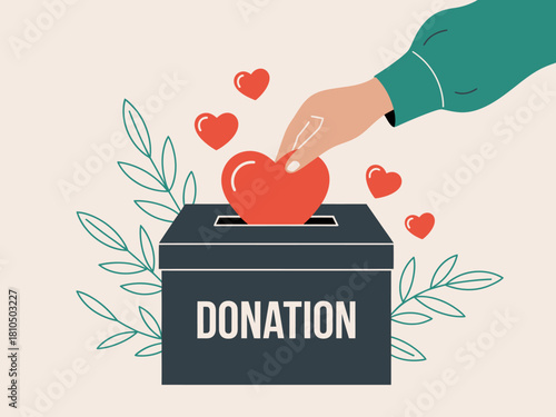 An illustrative donation box with a hand placing a heart, symbolizing generosity, compassion, and the importance of supporting charitable causes and communities.