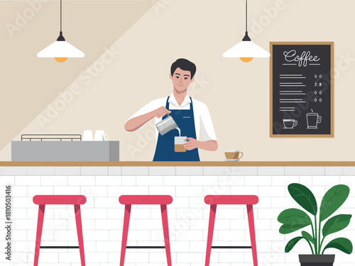 A skilled barista pours a freshly brewed coffee in a trendy café setting, showcasing vibrant decor and a welcoming atmosphere for coffee lovers.