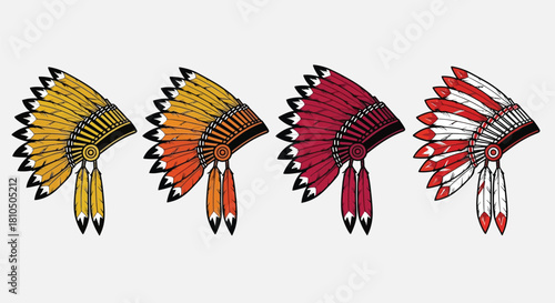 Set of Native American Indian Chief Headdresses. Traditional Indigenous War Bonnets with Feathers in Different Color Variations.