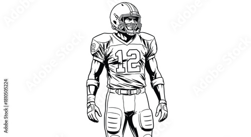 American Football Player Line Art Illustration. Black and White Vector Drawing of a Quarterback or Athlete in Uniform with Helmet.