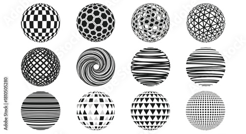 Black and White Abstract Sphere Set: Geometric, Optical Illusion, and Seamless Pattern Balls Collection