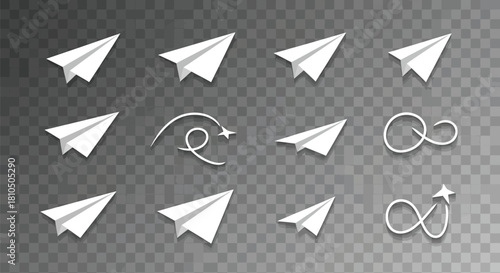Paper Airplane Set: Vector Collection of Flying Planes, Trajectories, and Infinity Symbols on Transparent Background