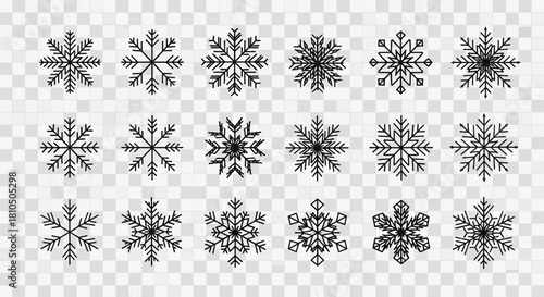 Snowflakes Collection Set: 18 Detailed Black Silhouette Winter Icons on Transparent Background