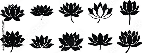 Black lotus flower silhouettes, decorative floral icons, elegant meditation symbols, botanical vector set, spiritual lotus designs, minimalist nature illustrations