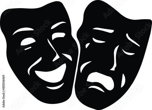Classic theater masks silhouette, comedy and tragedy symbols, dramatic performing arts icon, emotional expression illustration, black theatrical mask vector design