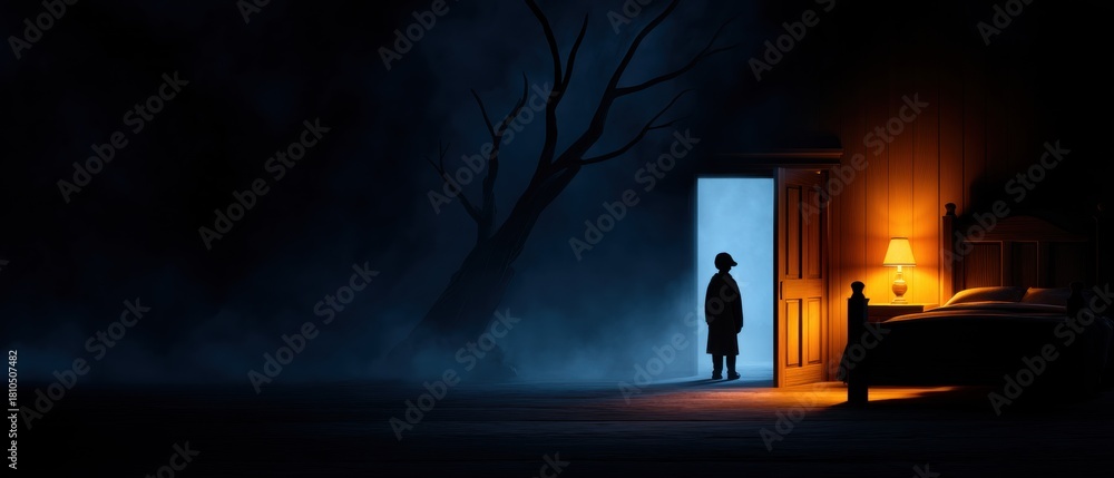 Obraz premium Child Silhouette in Doorway Between Warm Room and Mysterious Dark Night