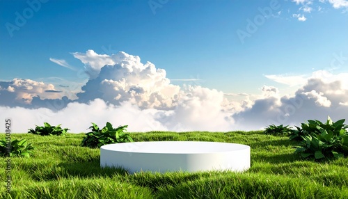Natural podium backdrop for product display with sky background, Blank showcase mockup with natural environment, 3d, Cosmetics or beauty promotion, Nature pedestal with grass, plants, bushes