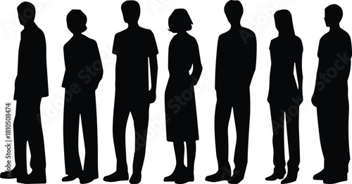 Group of diverse standing people silhouettes in various poses, black human figures, isolated vector design elements for projects, illustrations, graphics