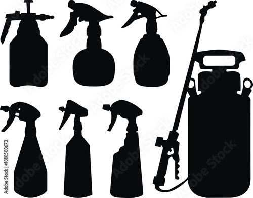 Spray bottle and pressure sprayer silhouettes collection, cleaning tools illustration, household equipment vector design for hygiene, gardening, disinfecting, and maintenance projects