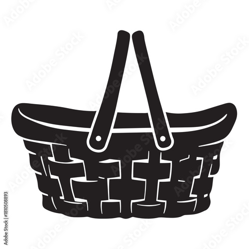 black and white vector icons featuring various picnic and shopping baskets, symbolizing commerce, grocery, storage, and outdoor leisure
