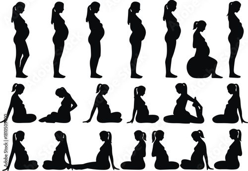 Collection of pregnant woman silhouettes, maternity poses, expecting mother illustration set, prenatal stages, side and sitting positions, motherhood concept design