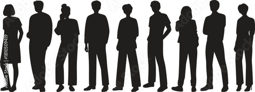 Group of standing people silhouettes, diverse human figures, modern crowd illustration, isolated black shapes, community concept, teamwork representation for design