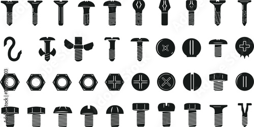 Collection of screw, bolt, and nut silhouettes, various hardware fasteners, industrial tool icons, construction components, mechanical parts, isolated black designs