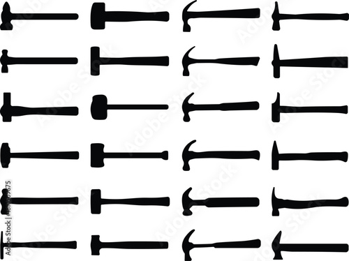Collection of various hammer silhouettes, isolated black tool icons, construction equipment shapes, woodworking and metalworking tools, minimalist design elements for projects