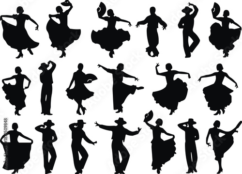 Silhouettes of traditional dancers performing expressive dance poses, cultural movement collection, artistic black figures isolated for design, celebration, 