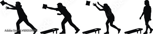 Silhouettes of people playing cornhole game, tossing bean bags, outdoor activity illustration, recreational sports figures, competitive throwing poses, isolated design