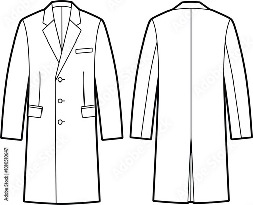 “Classic long overcoat technical fashion sketch with front and back views, clean outline drawing, garment template for apparel designers and pattern makers”