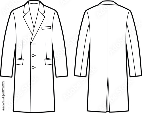 “Detailed long overcoat technical flat sketch showing front and back views with clean outline design, professional apparel template for fashion designers”