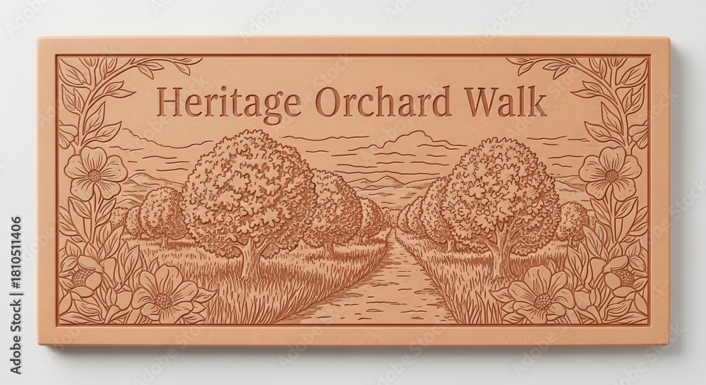 Fototapeta premium A Carved Sign Depicting Heritage Orchard Walk, Displaying Beautiful Landscape