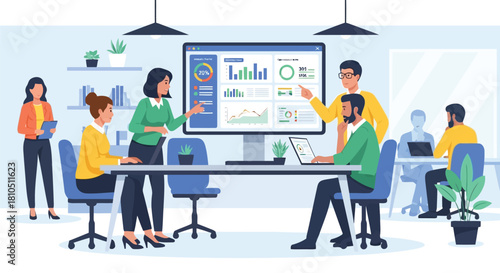 Illustration of business team collaborating in a modern office, analyzing data and discussing financial reports on a large screen, isolated on