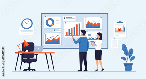 Illustration of business colleagues analyzing financial data and charts on a large board in an office, discussing strategy and market trends for growth