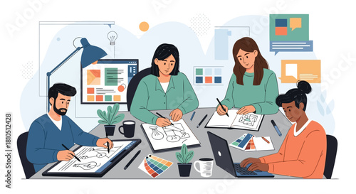 Illustration of creative team collaborating on design projects in a modern studio, sketching ideas, using laptops, and discussing visual concepts