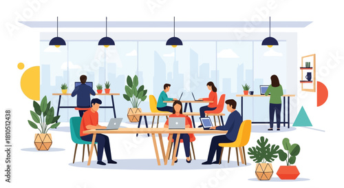 Illustration of diverse professionals working in a modern openplan office space, collaborating and using laptops at shared desks