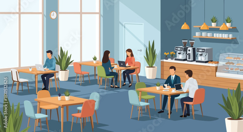 Illustration of people working and relaxing in a modern cafe or coworking space, enjoying coffee and conversation at tables