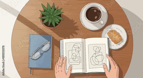 Minimalist Workspace Illustration with Open Notebook and Coffee