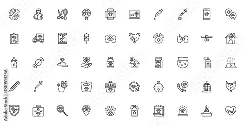Veterinary icon set. Pet care vector illustrations. ncludes symbols for clinic doctor, medicine, vaccine dog, cat, food, grooming nd more. Editable stroke.
