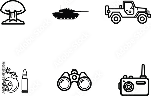 Collection of Military Themed Iconography Depicting Various Aspects of Warfare and Conflict Resolution Depicting a Nuclear Explosion Tank and Jeep Alongside Radio and Ammunition Depictions