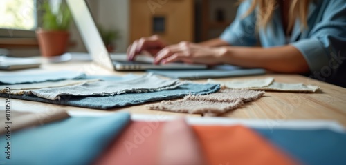 Interior decorator works on laptop near fabric swatches. Young woman selects colors and materials for home renovation. Creative designer plans interior design project.