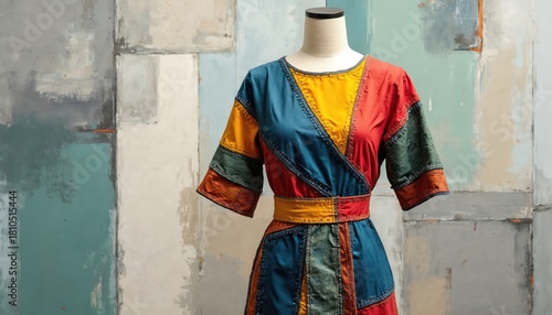 Multi colored patchwork dress displayed on mannequin. Upcycled textile fabric creation showcases unique design. Modern sustainable eco fashion concept for conscious consumers.