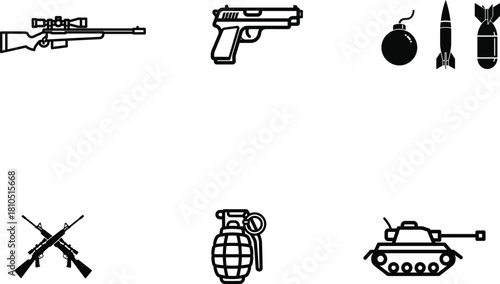 Collection of weapon outline illustrations representing different types of armaments for military operations and combat situations offering design elements for defense and security themes