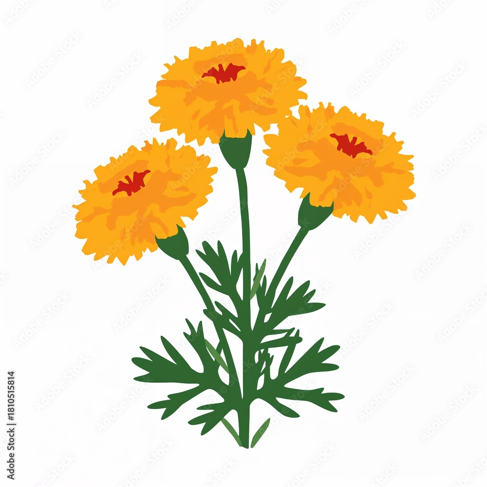 Naklejka premium Vibrant orange marigold flowers illustration with green foliage