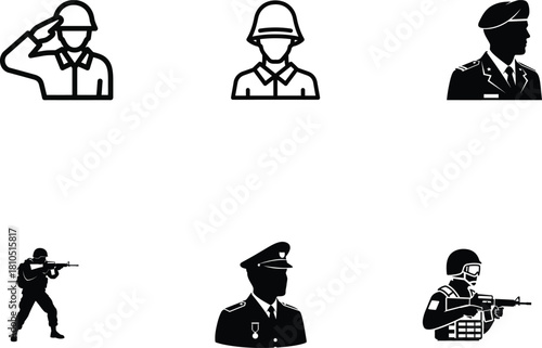 Diverse collection of military personnel illustrations showcasing different ranks and roles in armed forces and security providing visual representation of military service and defense capabilities