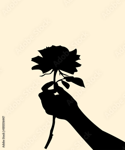 Silhouette of hand holding a rose flower on finger. Icon of natural grabbing plant concept design. Vector illustration.