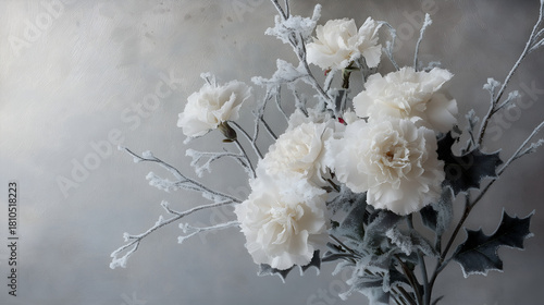 Fototapeta Naklejka Na Ścianę i Meble -  Winter floral arrangement with white peonies and frosted leaves