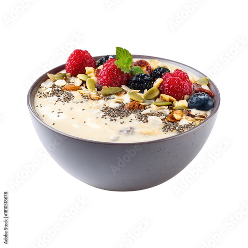 A healthy and vibrant breakfast bowl filled with yogurt, fresh berries, various nuts, and seeds