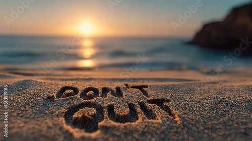 Inspirational message on the beach at sunset - Dont Quit.