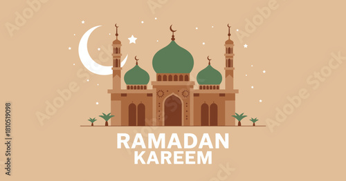 A minimalist yet striking depiction of a mosque during Ramadan, featuring traditional architectural elements and a crescent moon, celebrating the spirit of this holy month.