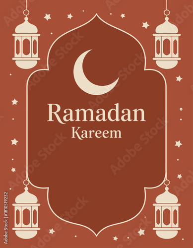 An artistic depiction of a Ramadan Kareem celebration card featuring a moon, stars, and lanterns, encapsulating the essence of the holy month and themes of spirituality and community.