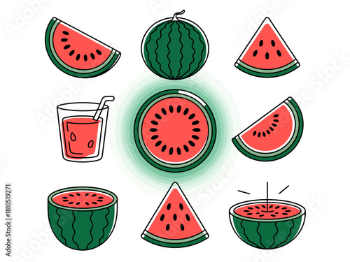 This vibrant illustration showcases fresh watermelon slices, a whole watermelon, and a refreshing drink, capturing the essence of summer and joy through colorful design.