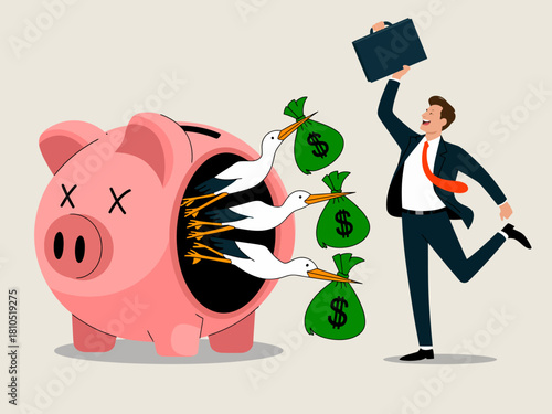 This vibrant illustration shows a businessman joyfully pulling money from a piggy bank with birds, highlighting themes of financial success and abundance in the modern economy.