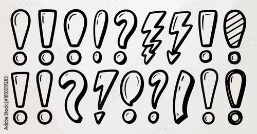 This image showcases a collection of diverse doodled shapes, including exclamation marks, question marks, and lightning symbols, emphasizing creativity and expression.