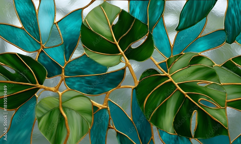 Fototapeta premium Stained Glass Monstera Leafs Stained Glass With gold lining Floral Artful Aesthetic 3d effect