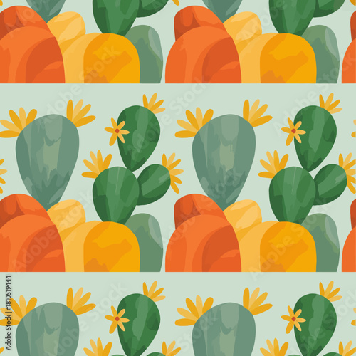 This lively cactus pattern features colorful shapes and playful flowers, making it perfect for vibrant home decor, textiles, or artistic applications.