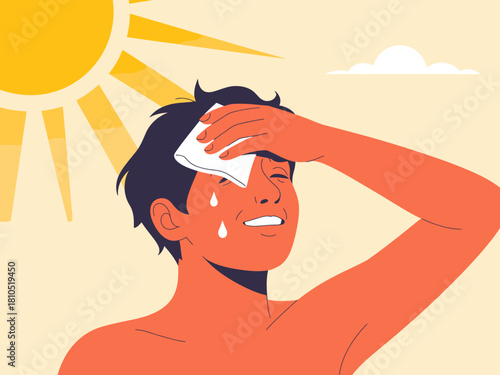 An expressive illustration of a person wiping their forehead under the summer sun, embodying the struggle against heat and the need for refreshment during hot days.