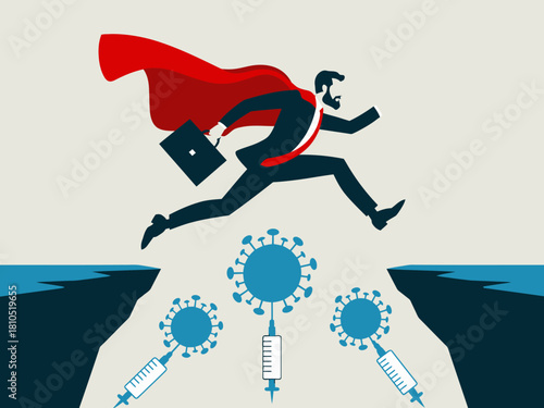 A dynamic illustration depicting a superhero in a business suit, symbolizing determination and strength while overcoming obstacles represented by syringes and viruses.